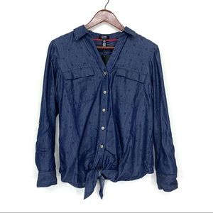 Jones New York Stamp Dot Indigo Blue Button Down Shirt Roll Tab Sleeve Option